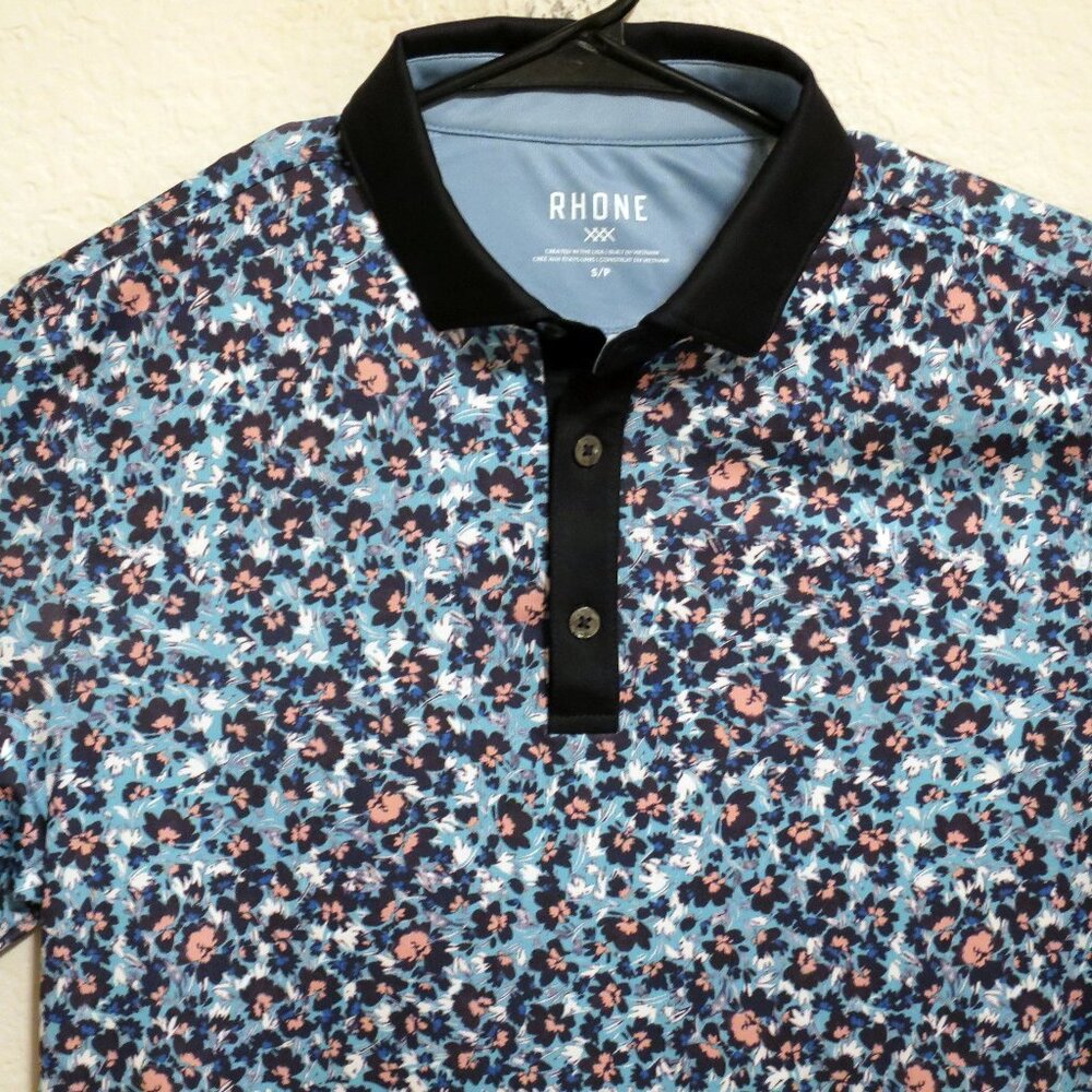 Rhone Shirt Mens Small New Short Sleeve Golf Polo Blue Pink Sea Jet Floral